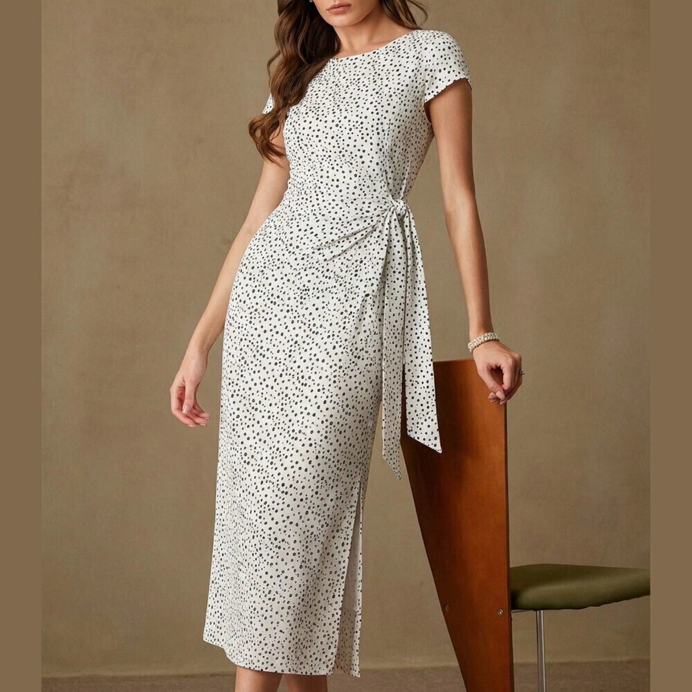 Ivory Dot Print Tie Waist Cap Sleeve Maxi Dress